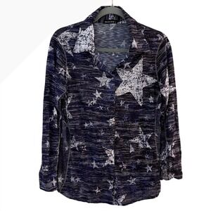 David Cline Moon Star Print Crushed Button Down Shirt Womens Large Blue USA Made